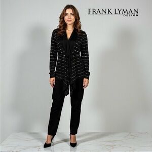 Frank Lyman Design, Black Draped Cardigan with Metallic Stripes, Size 14